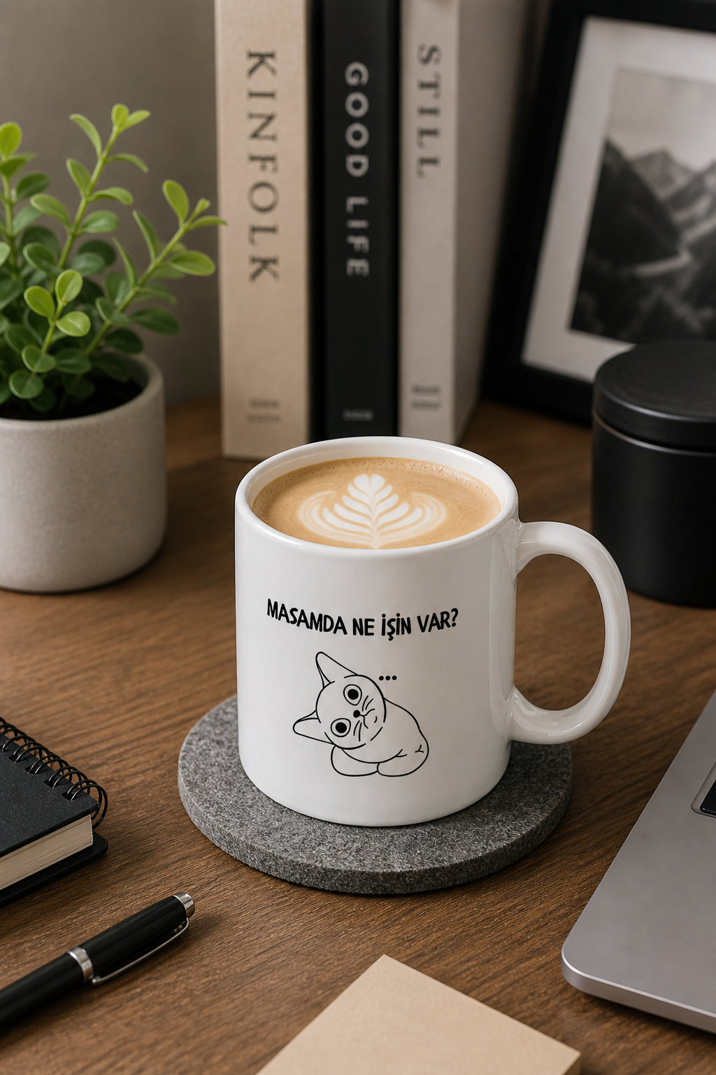 Masamda Ne İşin Var? Yazılı Kedi Kupa Bardak – Komik Seramik Kahve Kupası & Ofis Hediyesi