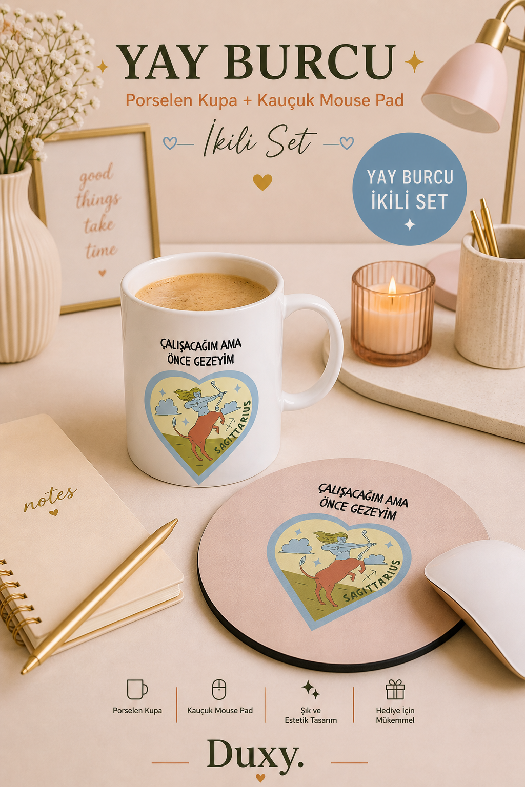 Yay Burcu Kupa & Mouse Pad Seti – Kişiye Özel Burç Tasarımlı Porselen Kupa ve Kaymaz Kauçuk Mouse Pad | Eğlenceli Yay Burcu Hediyesi