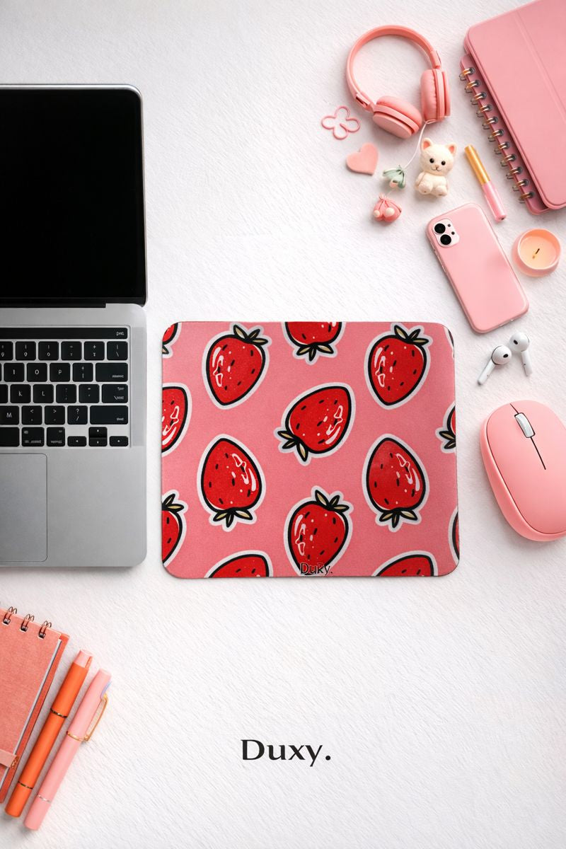 Çilek Desenli Kauçuk Kaymaz Tabanlı Mouse Pad – 22x18 cm - Yumuşak Kumaş Yüzey