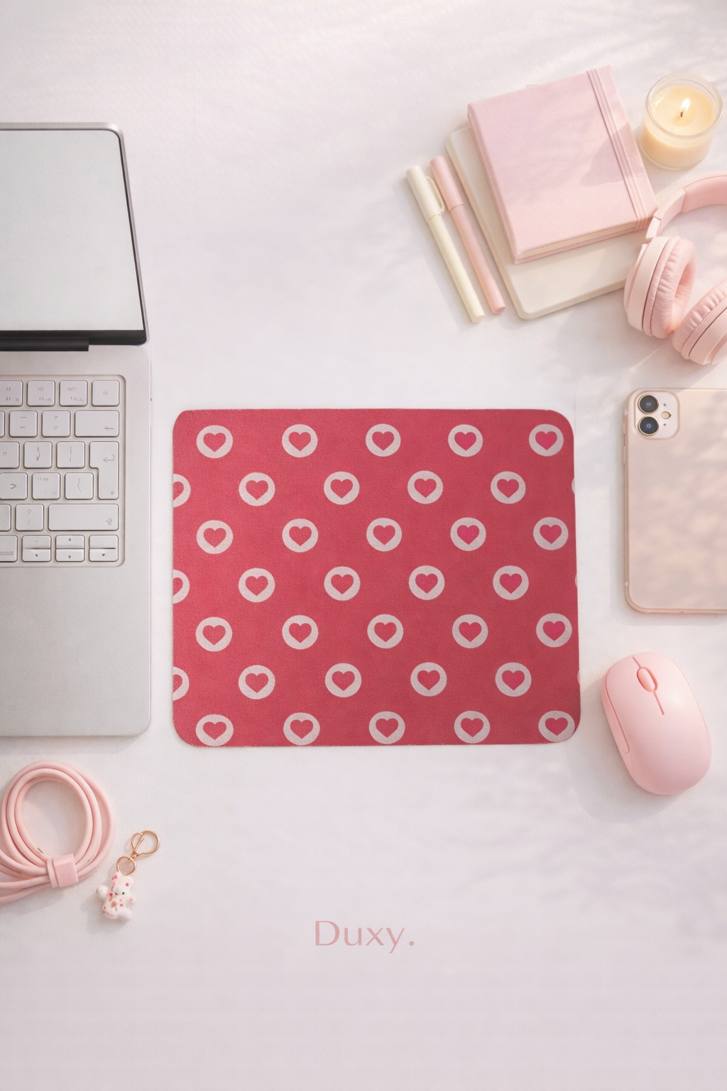 Kalp Desenli Kauçuk Kaymaz Tabanlı Mouse Pad – 22x18 cm - Yumuşak Kumaş Yüzey