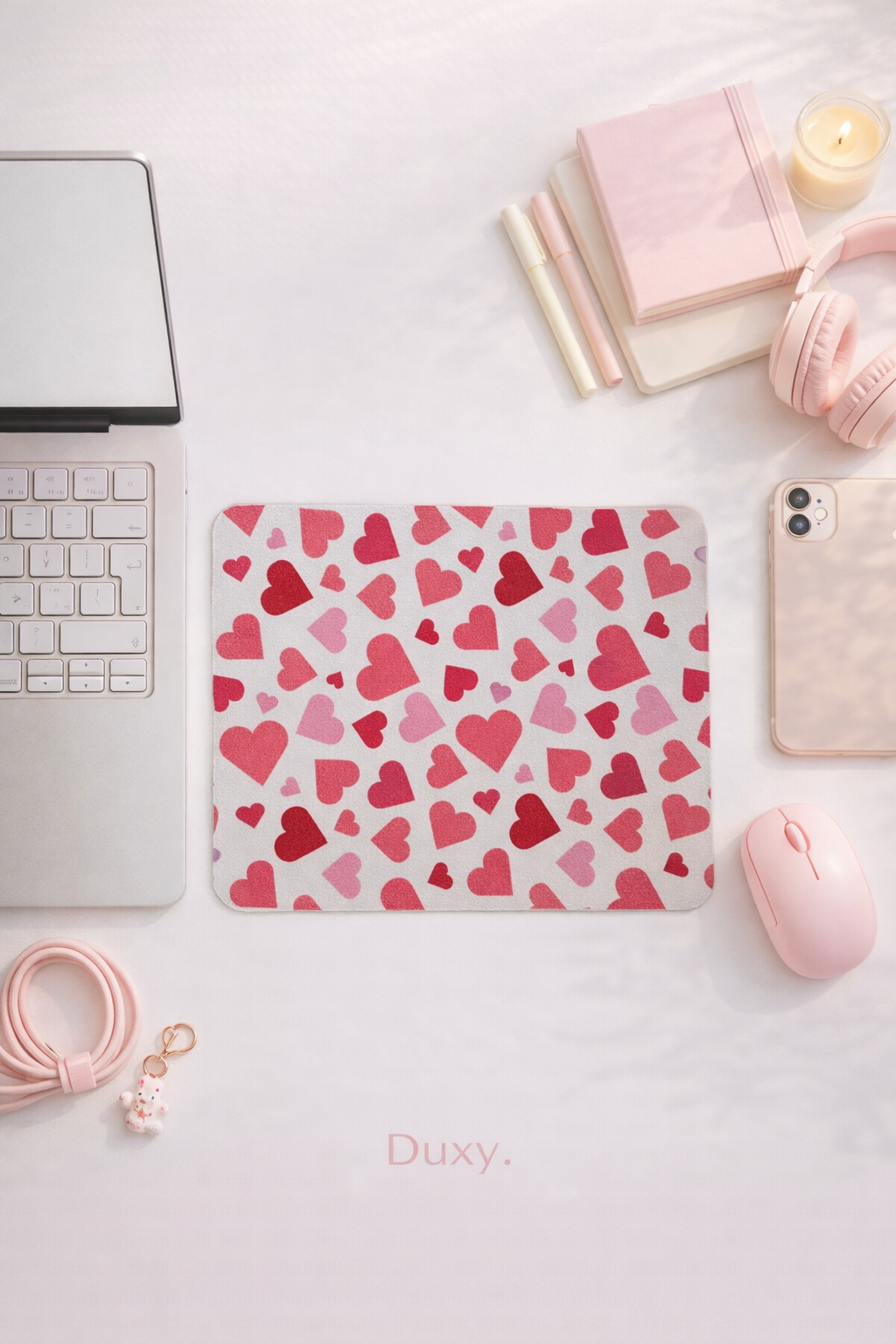 Kalp Desenli Kauçuk Kaymaz Tabanlı Mouse Pad – 22x18 cm - Yumuşak Kumaş Yüzey