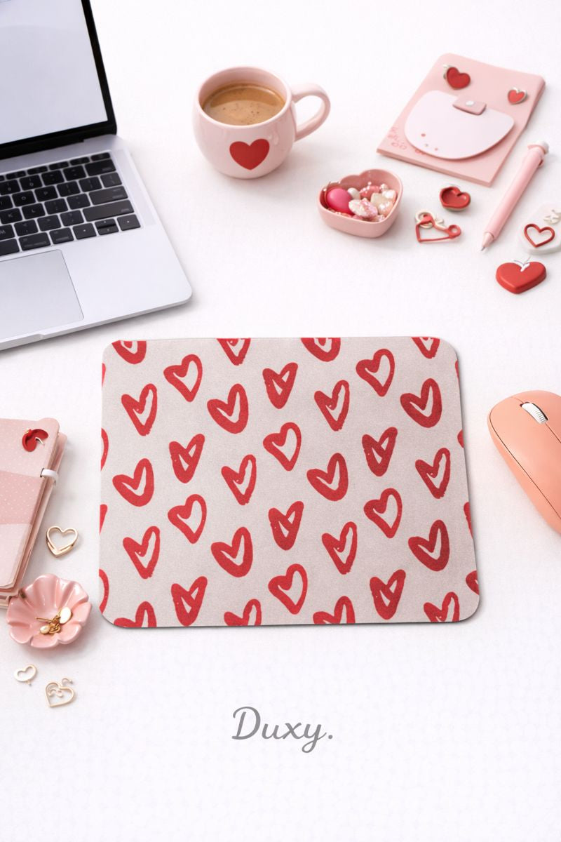 Kalp Desenli Kauçuk Kaymaz Tabanlı Mouse Pad – 22x18 cm - Yumuşak Kumaş Yüzey