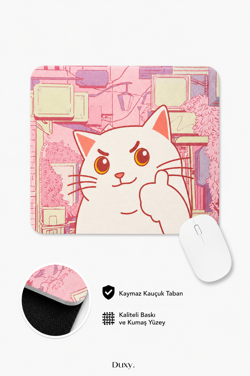 Kedi Desenli Kauçuk Kaymaz Tabanlı Mouse Pad – 22x18 cm - Yumuşak Kumaş Yüzey