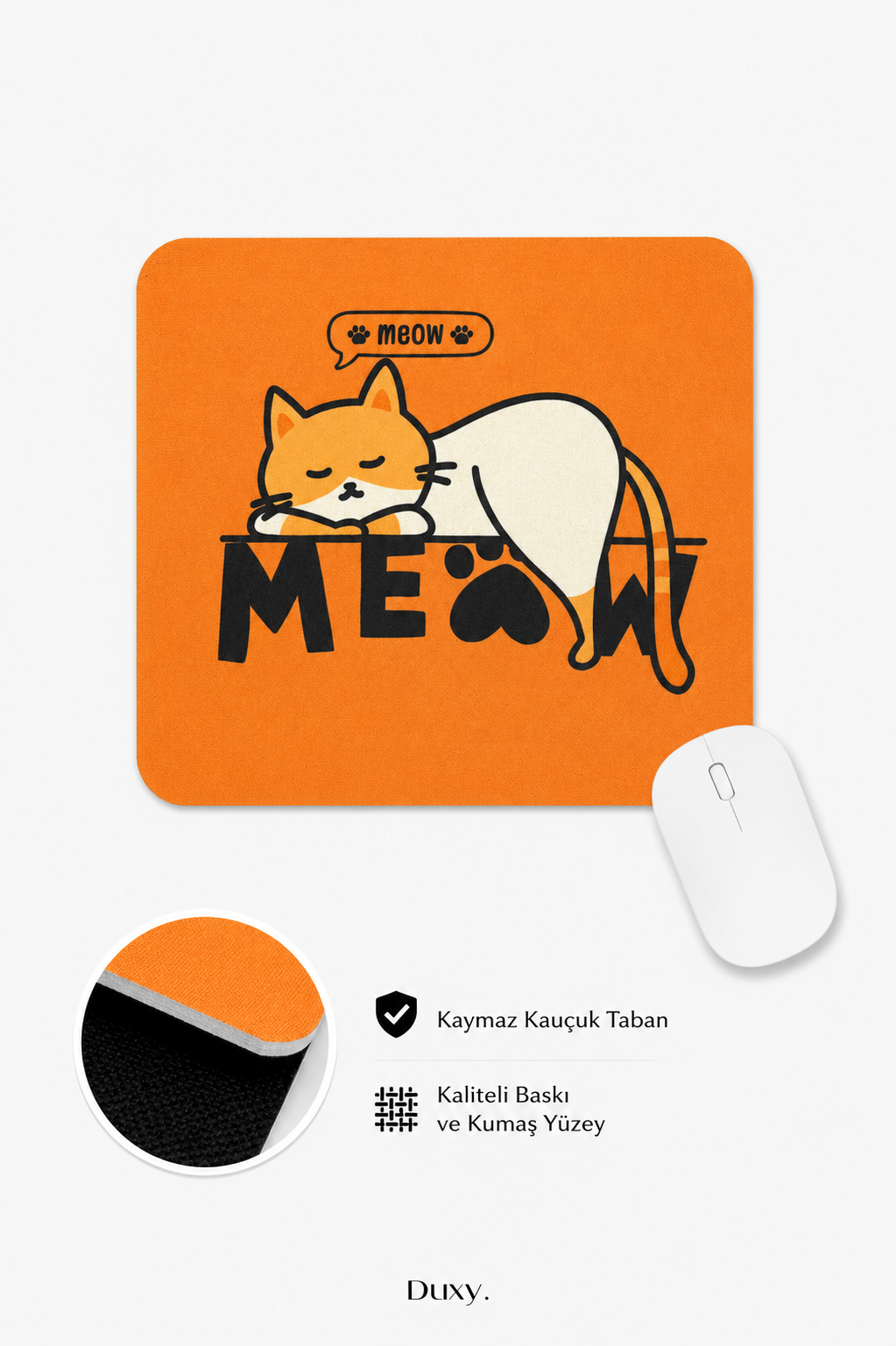 Kedi Desenli Kauçuk Kaymaz Tabanlı Mouse Pad – 22x18 cm - Yumuşak Kumaş Yüzey
