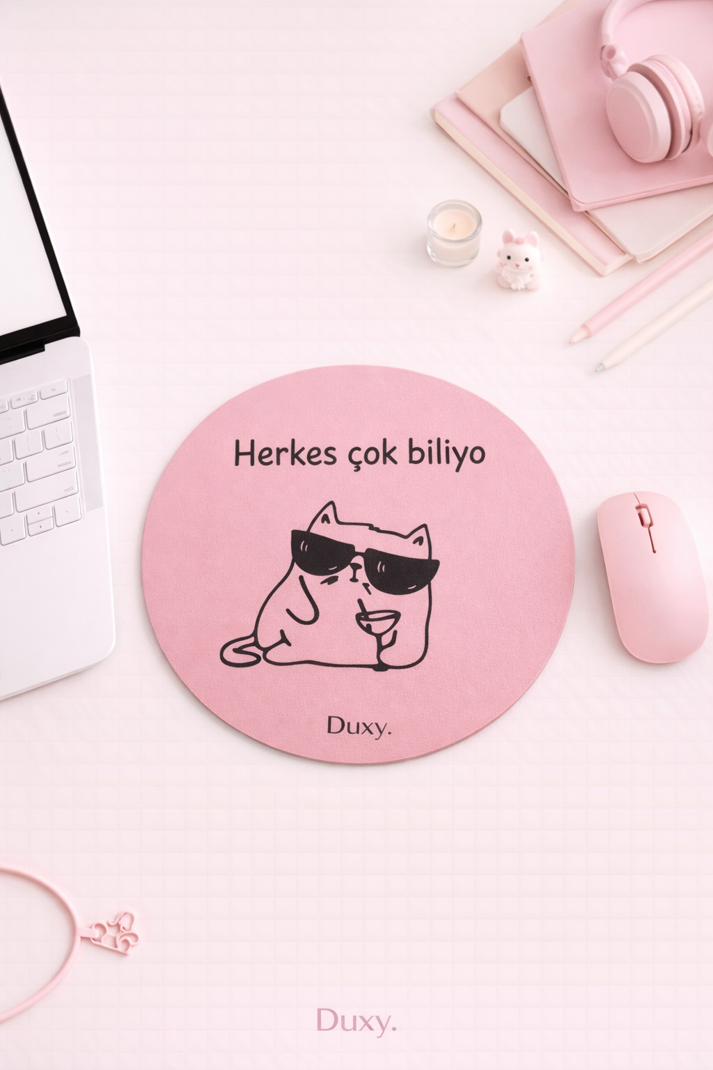 Espirili Kedi Desenli Kauçuk Kaymaz Tabanlı Mouse Pad – 19 cm - Yumuşak Kumaş Yüzey