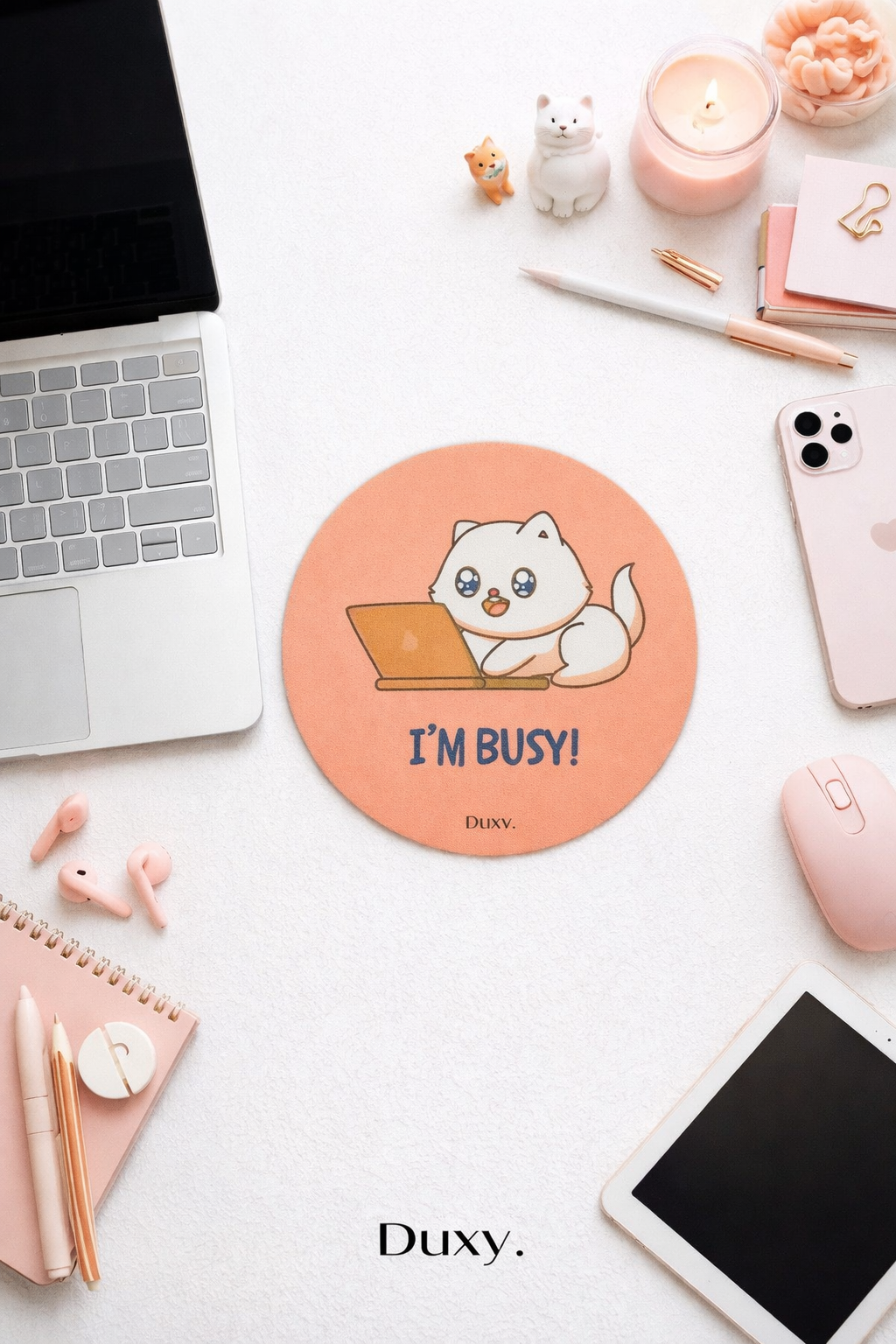 Sevimli Kedi Desenli Kauçuk Kaymaz Tabanlı Mouse Pad – 19 cm - Yumuşak Kumaş Yüzey