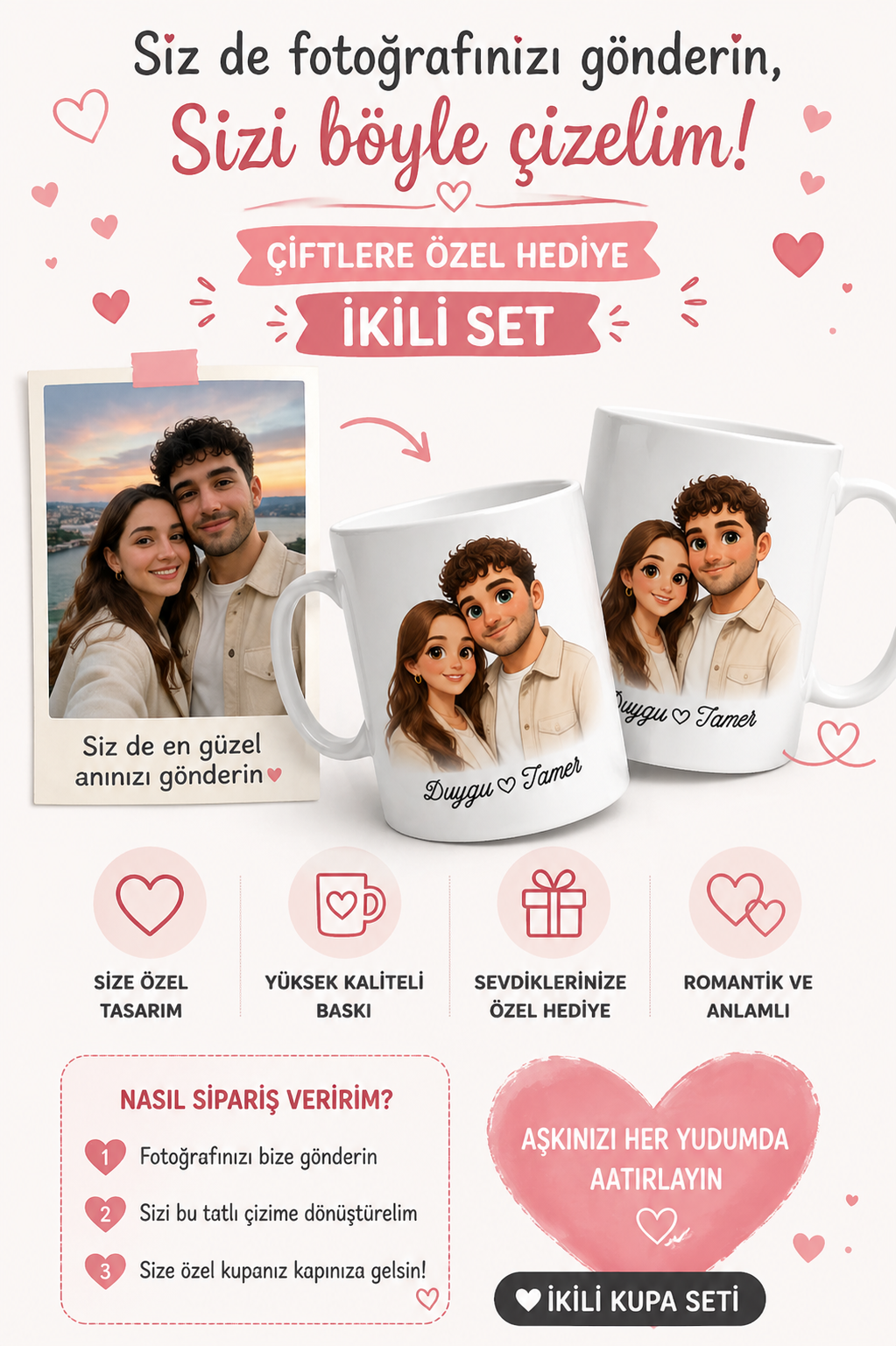 Kişiye Özel Fotoğraftan Çizime Dönüştürülen 2'li Kupa Seti – Çiftlere Özel Porselen Kupa