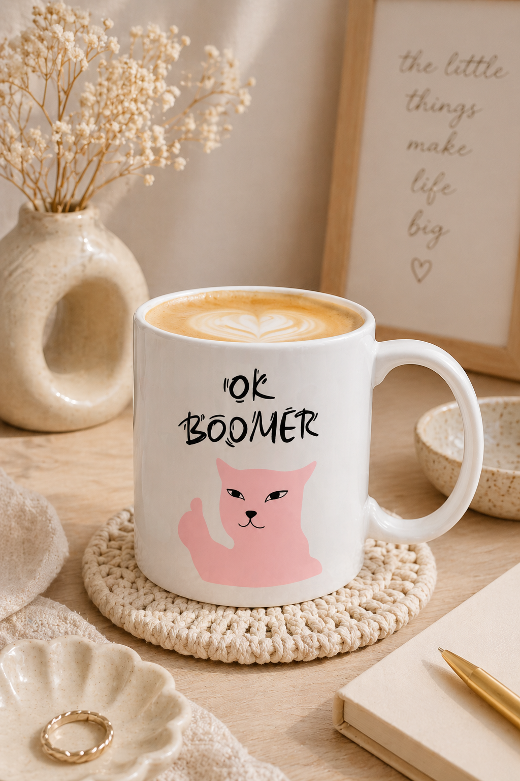 OK Boomer Yazılı Kedi Kupa Bardak – Komik Seramik Kahve Kupası & Eğlenceli Hediye