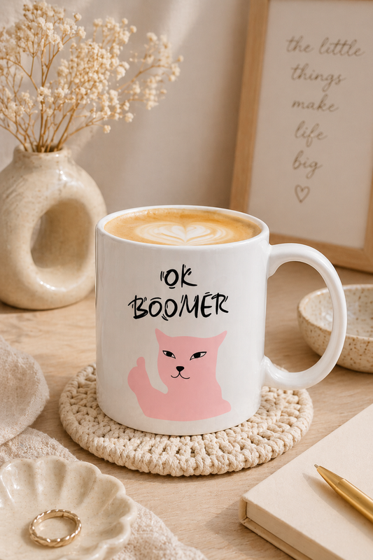 OK Boomer Yazılı Kedi Kupa Bardak – Komik Seramik Kahve Kupası & Eğlenceli Hediye