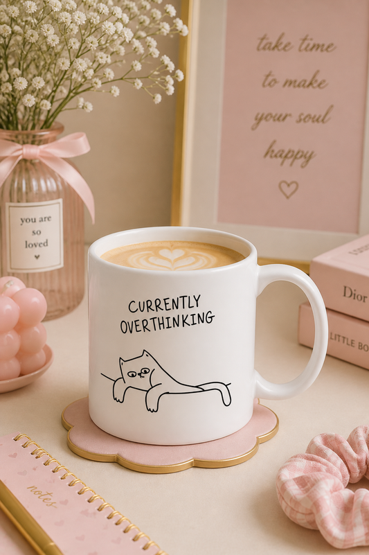 Currently Overthinking Yazılı Kedi Kupa Bardak – Komik Porselen Kahve Kupası & Overthinker Hediyesi