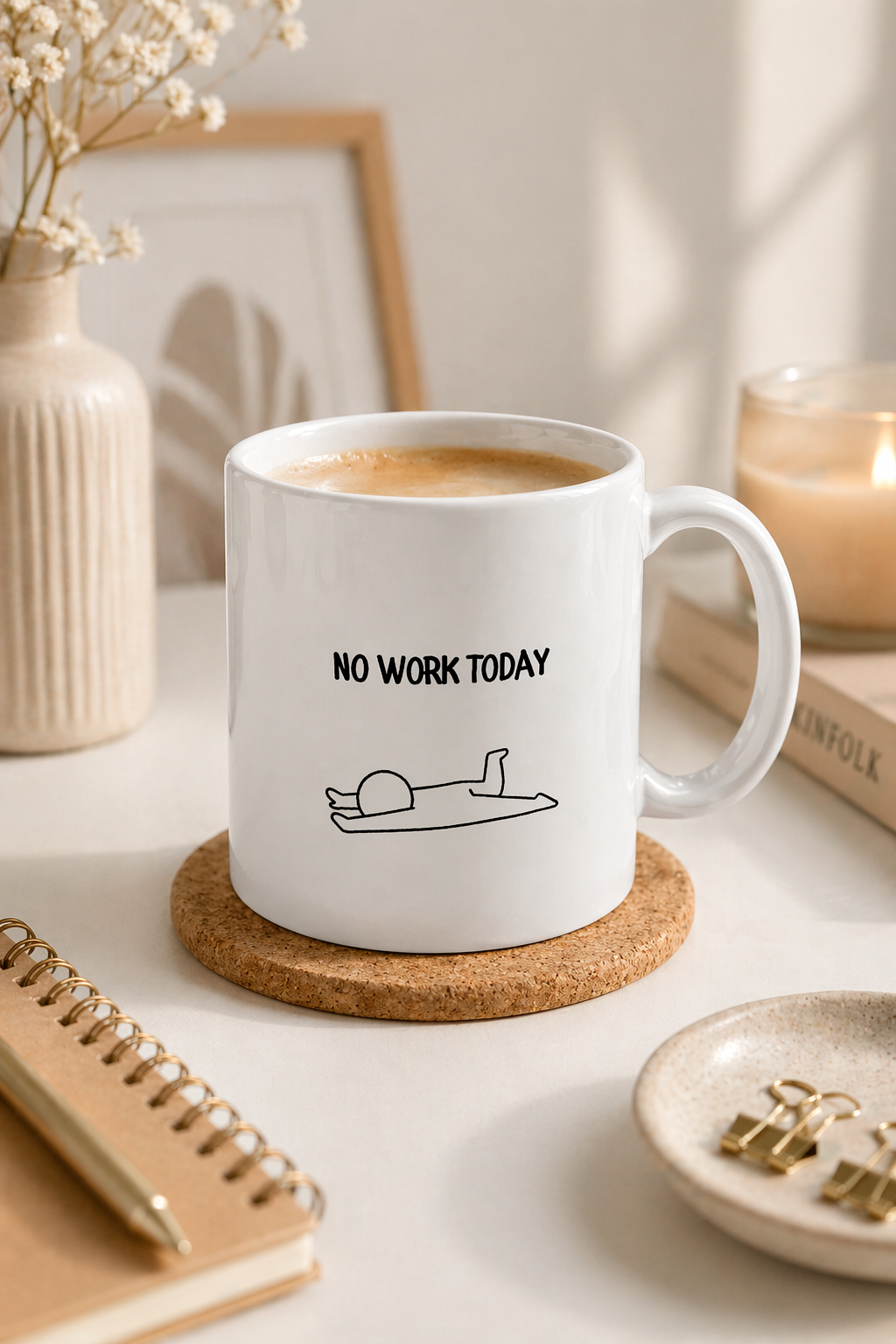 No Work Today Yazılı Minimal Kupa Bardak – Komik Seramik Kahve Kupası & Ofis Hediyesi