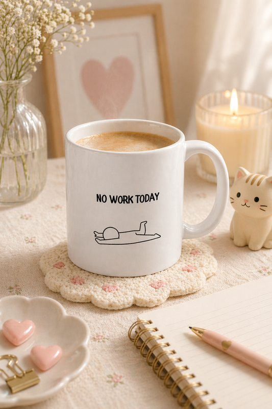 No Work Today Yazılı Minimal Kupa Bardak – Komik Seramik Kahve Kupası & Ofis Hediyesi