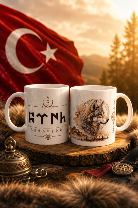 Göktürk Harfleriyle TÜRK Yazılı Bozkurt Kupa Bardak | Türk Motifli Porselen Kupa 330 ml