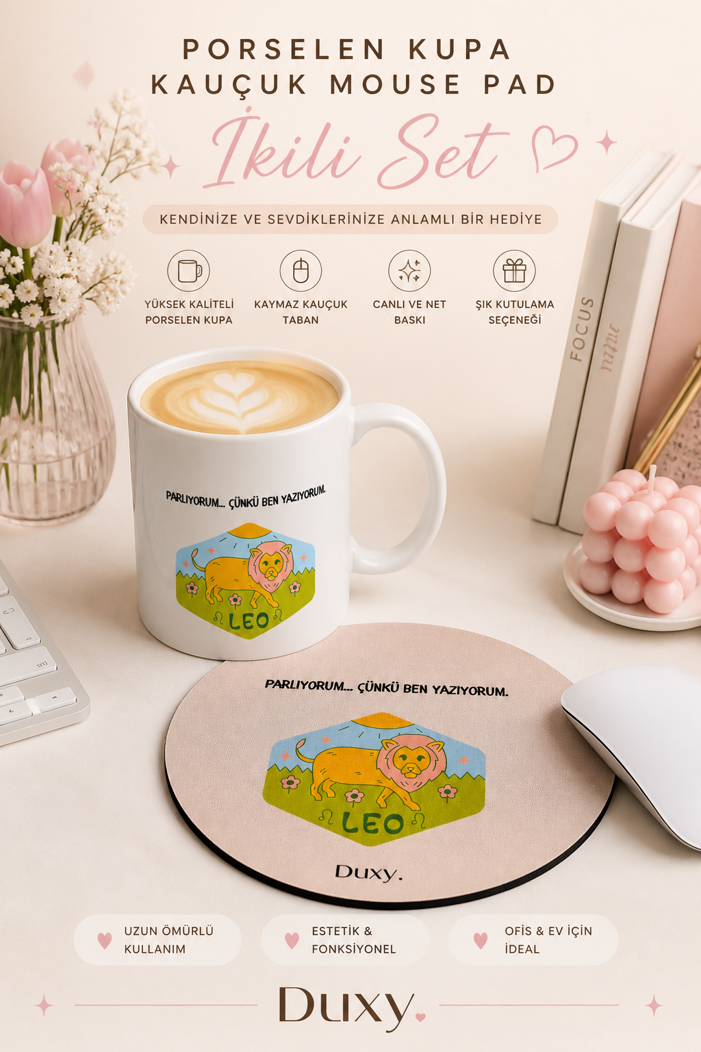 Aslan Burcu Kupa ve Mouse Pad Seti – Porselen Kupa & Kauçuk Mouse Pad | Burç Temalı Hediye Seti