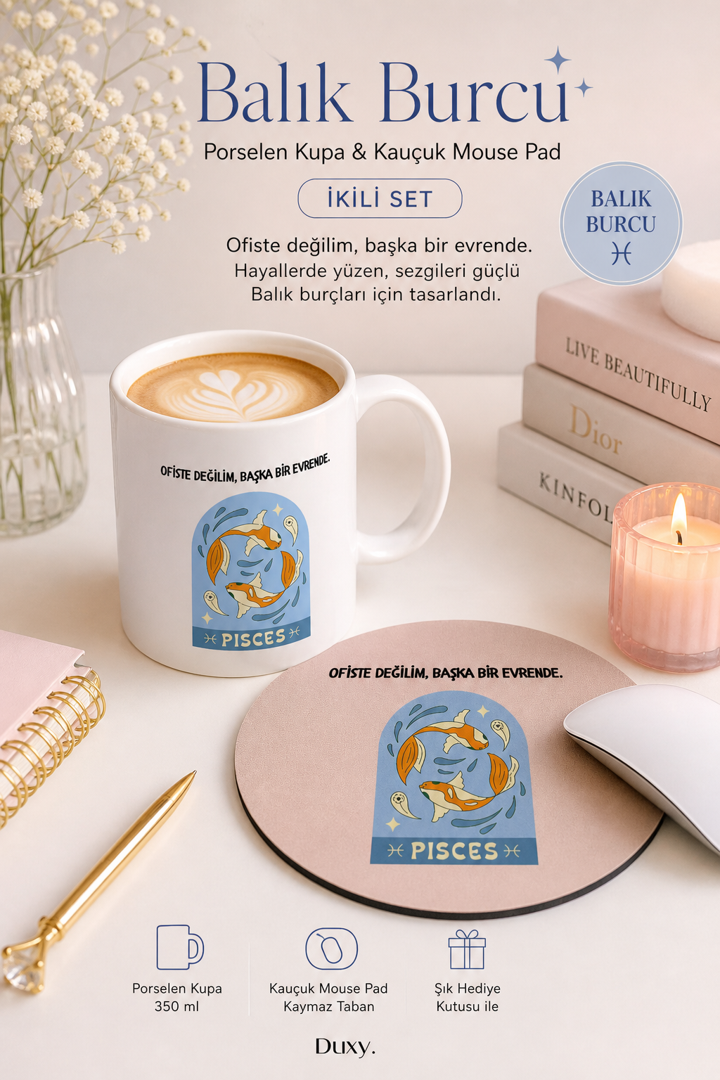 Balık Burcu Porselen Kupa & Kauçuk Mouse Pad İkili Set – Burç Temalı Hediye Seti