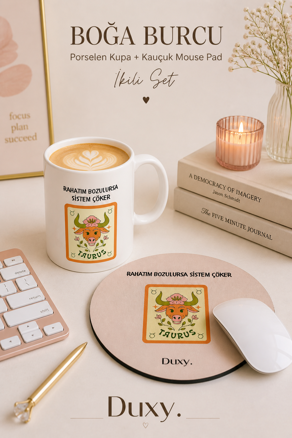 Boğa Burcu Kupa & Mouse Pad Seti – Kişiye Özel Burç Tasarımlı Porselen Kupa ve Kaymaz Kauçuk Mouse Pad | Eğlenceli Boğa Burcu Hediyesi