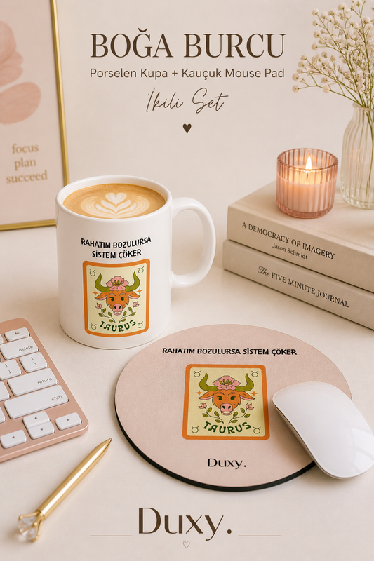 Boğa Burcu Kupa & Mouse Pad Seti – Kişiye Özel Burç Tasarımlı Porselen Kupa ve Kaymaz Kauçuk Mouse Pad | Eğlenceli Boğa Burcu Hediyesi
