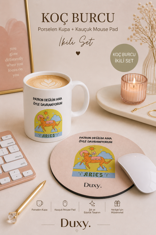 Koç Burcu Kupa & Mouse Pad Seti – Kişiye Özel Burç Tasarımlı Porselen Kupa ve Kaymaz Kauçuk Mouse Pad | Eğlenceli Koç Burcu Hediyesi