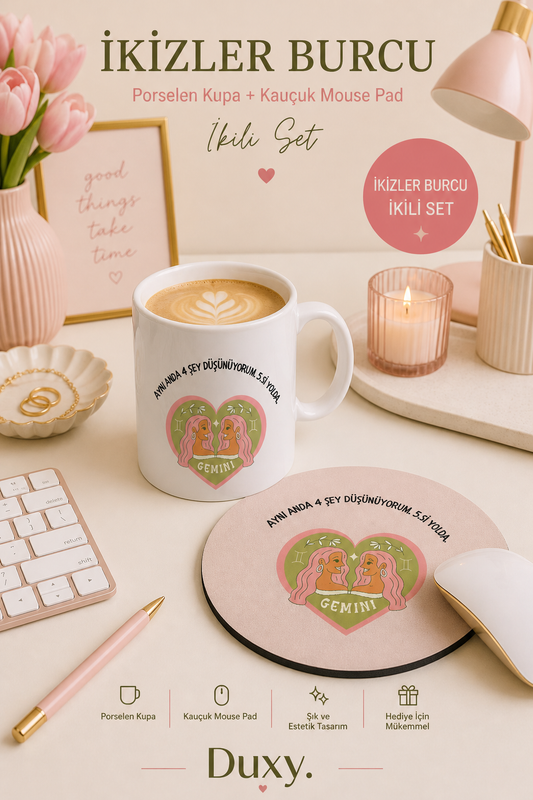 İkizler Burcu Kupa & Mouse Pad Seti – Kişiye Özel Burç Tasarımlı Porselen Kupa ve Kaymaz Kauçuk Mouse Pad | Eğlenceli İkizler Burcu Hediyesi