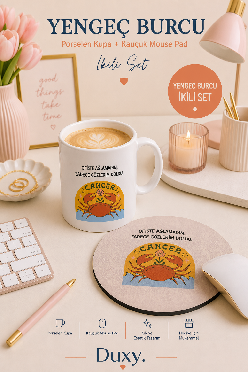 Yengeç Burcu Kupa & Mouse Pad Seti – Kişiye Özel Burç Tasarımlı Porselen Kupa ve Kaymaz Kauçuk Mouse Pad | Eğlenceli Yengeç Burcu Hediyesi