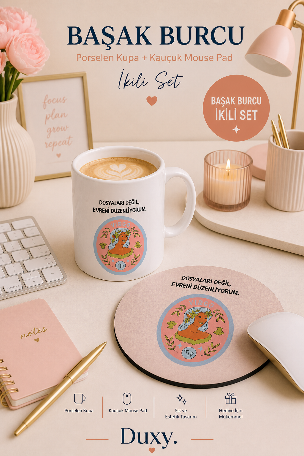 Başak Burcu Kupa & Mouse Pad Seti – Kişiye Özel Burç Tasarımlı Porselen Kupa ve Kaymaz Kauçuk Mouse Pad | Eğlenceli Başak Burcu Hediyesi