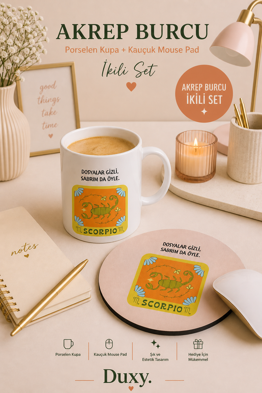 Akrep Burcu Kupa & Mouse Pad Seti – Kişiye Özel Burç Tasarımlı 300 ml Porselen Kupa ve Kaymaz Kauçuk Mouse Pad | Eğlenceli Akrep Burcu Hediyesi