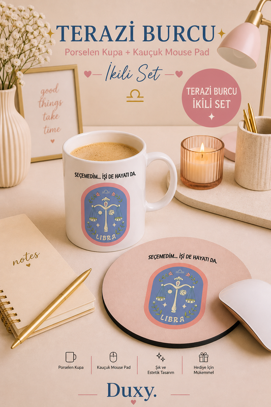 Terazi Burcu Kupa & Mouse Pad Seti – Kişiye Özel Burç Tasarımlı Porselen Kupa ve Kaymaz Kauçuk Mouse Pad | Eğlenceli Terazi Burcu Hediyesi