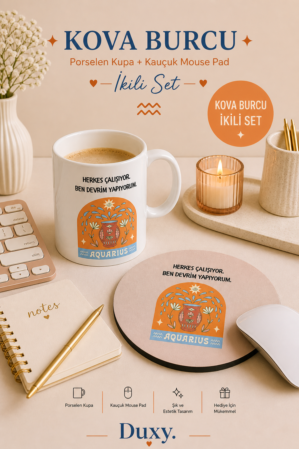 Kova Burcu Kupa & Mouse Pad Seti – Kişiye Özel Burç Tasarımlı Porselen Kupa ve Kaymaz Kauçuk Mouse Pad | Eğlenceli Kova Burcu Hediyesi