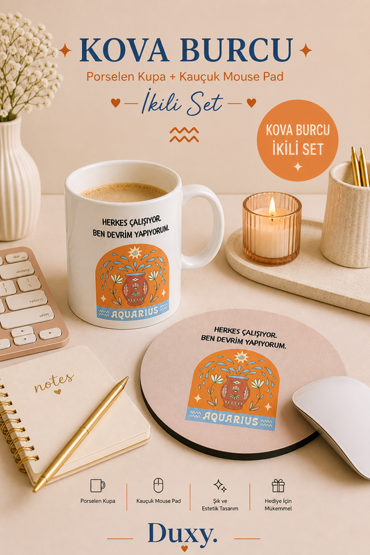 Kova Burcu Kupa & Mouse Pad Seti – Kişiye Özel Burç Tasarımlı Porselen Kupa ve Kaymaz Kauçuk Mouse Pad | Eğlenceli Kova Burcu Hediyesi