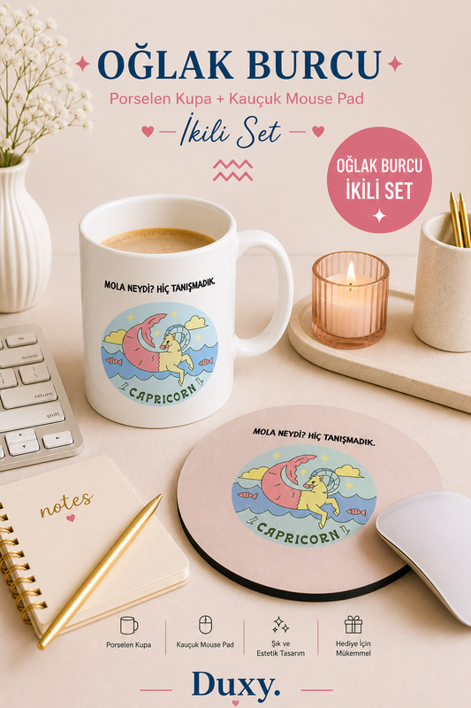 Oğlak Burcu Kupa & Mouse Pad Seti – Kişiye Özel Burç Tasarımlı Porselen Kupa ve Kaymaz Kauçuk Mouse Pad | Eğlenceli Oğlak Burcu Hediyesi