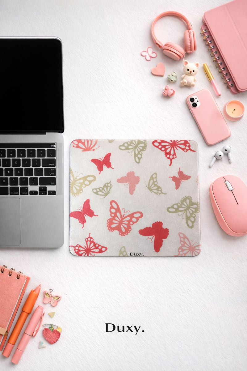 Kelebek Desenli Kauçuk Kaymaz Tabanlı Mouse Pad – 22x18 cm - Yumuşak Kumaş Yüzey