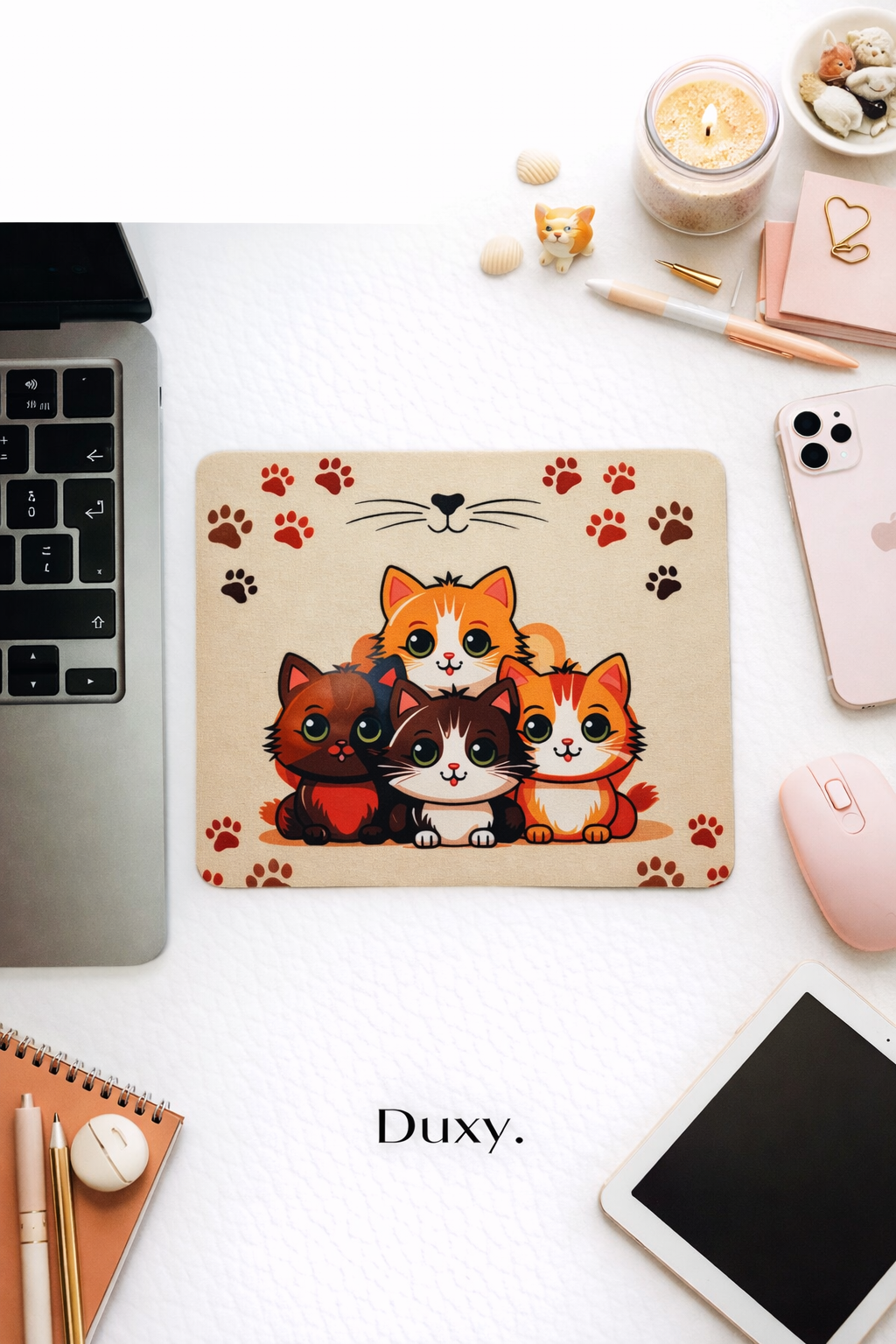 Kitty Squad Desenli Kauçuk Kaymaz Tabanlı Mouse Pad – 22x18 cm - Yumuşak Kumaş Yüzey