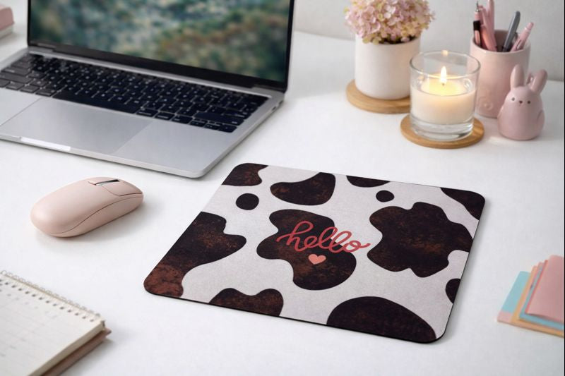 Hello Cow Desenli Kauçuk Kaymaz Tabanlı Mouse Pad – 22x18 cm - Yumuşak Kumaş Yüzey