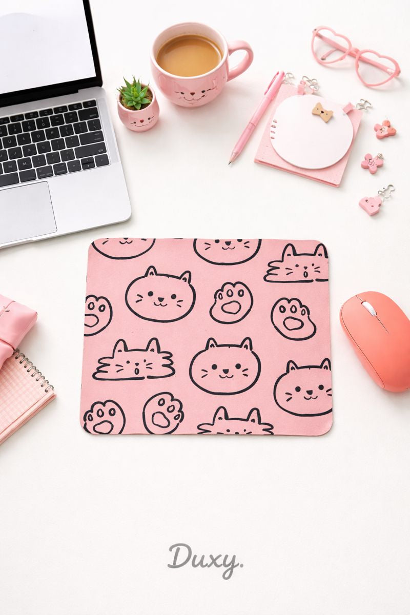 Kedi Desenli Kauçuk Kaymaz Tabanlı Mouse Pad – 22x18 cm - Yumuşak Kumaş Yüzey