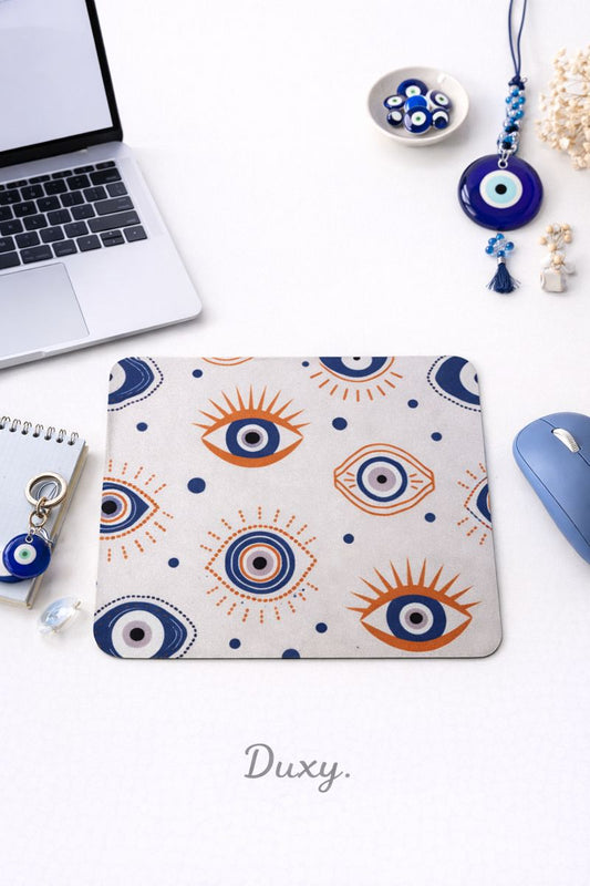 Nazar Boncuğu Desenli Kauçuk Kaymaz Tabanlı Mouse Pad – 22x18 cm - Yumuşak Kumaş Yüzey