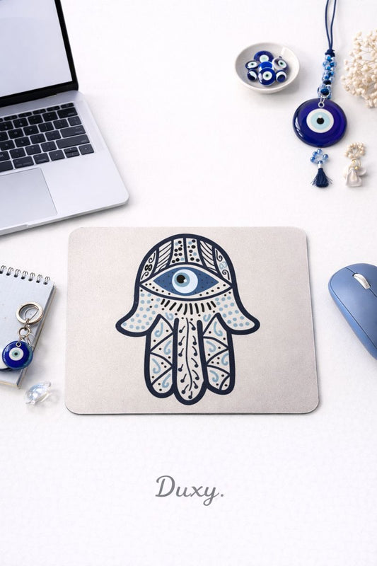Nazar Boncuğu Desenli Kauçuk Kaymaz Tabanlı Mouse Pad – 22x18 cm - Yumuşak Kumaş Yüzey