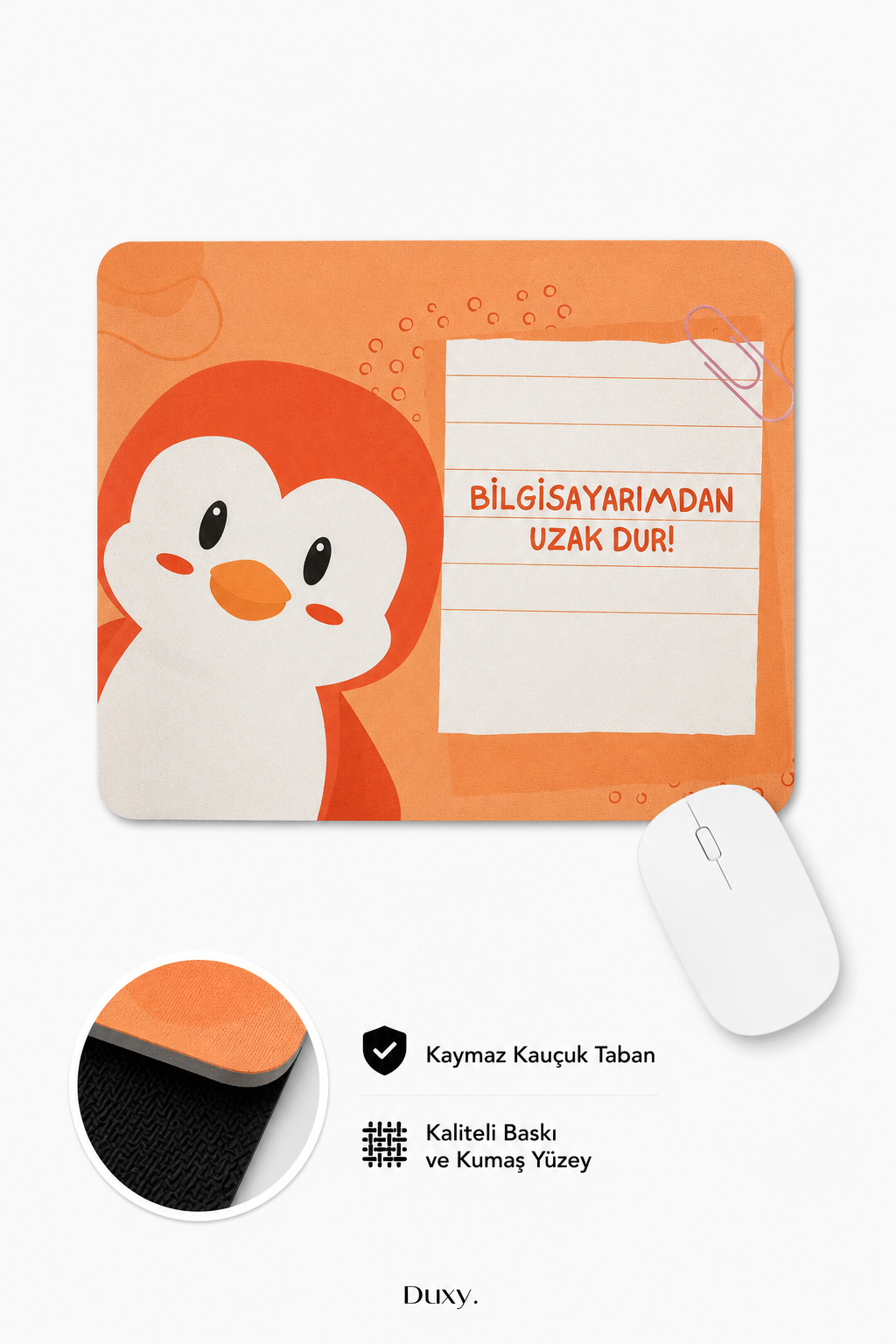 Penguen Desenli Kauçuk Kaymaz Tabanlı Mouse Pad – 22x18 cm - Yumuşak Kumaş Yüzey