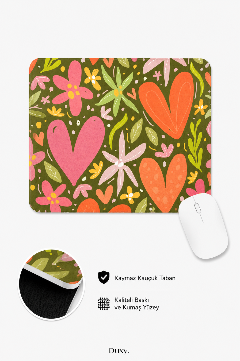 Kalp Desenli Kauçuk Kaymaz Tabanlı Mouse Pad – 22x18 cm - Yumuşak Kumaş Yüzey