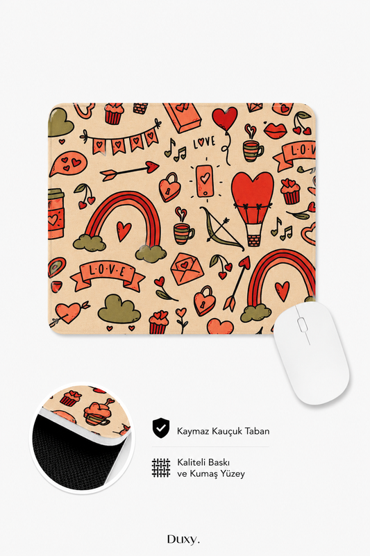 Kalp Desenli Kauçuk Kaymaz Tabanlı Mouse Pad – 22x18 cm - Yumuşak Kumaş Yüzey