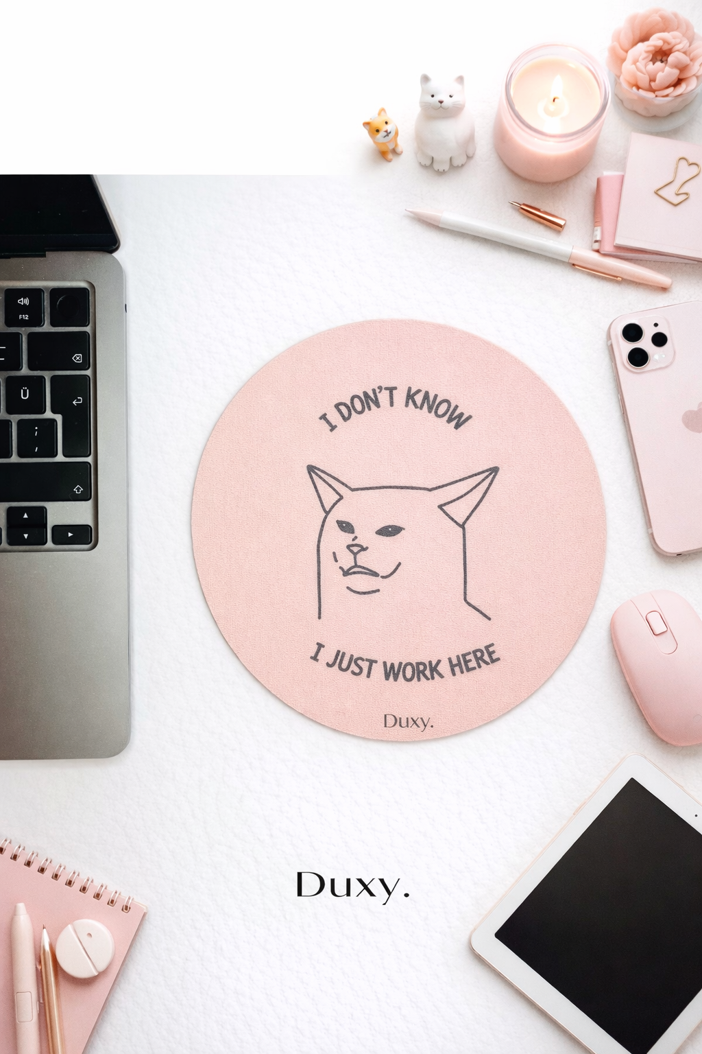 Espirili Kedi Desenli Kauçuk Kaymaz Tabanlı Mouse Pad – 19 cm - Yumuşak Kumaş Yüzey