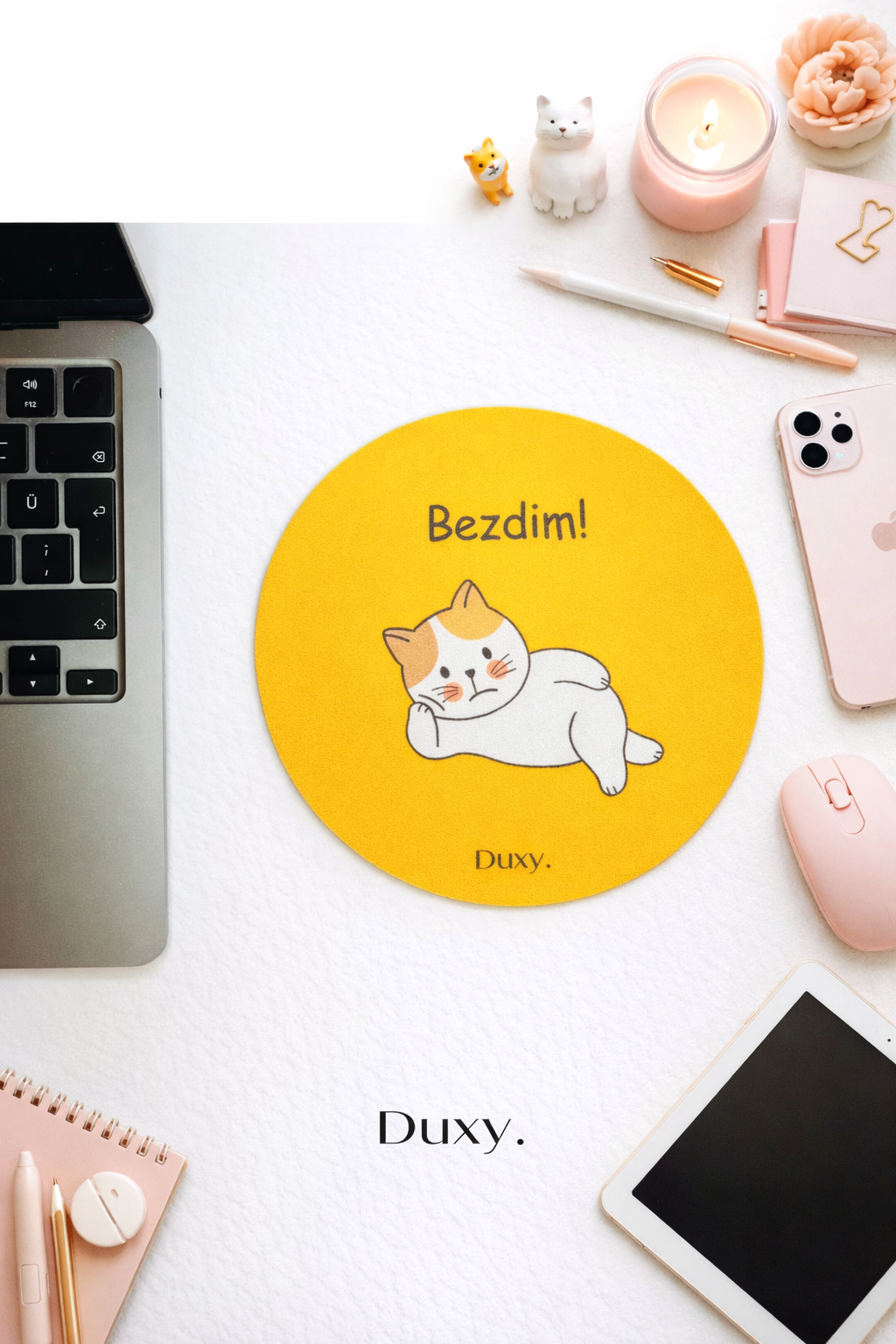 Espirili Kedi Desenli Kauçuk Kaymaz Tabanlı Mouse Pad – 19 cm - Yumuşak Kumaş Yüzey