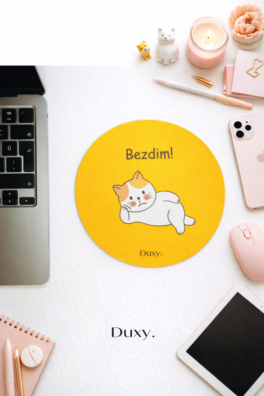 Espirili Kedi Desenli Kauçuk Kaymaz Tabanlı Mouse Pad – 19 cm - Yumuşak Kumaş Yüzey