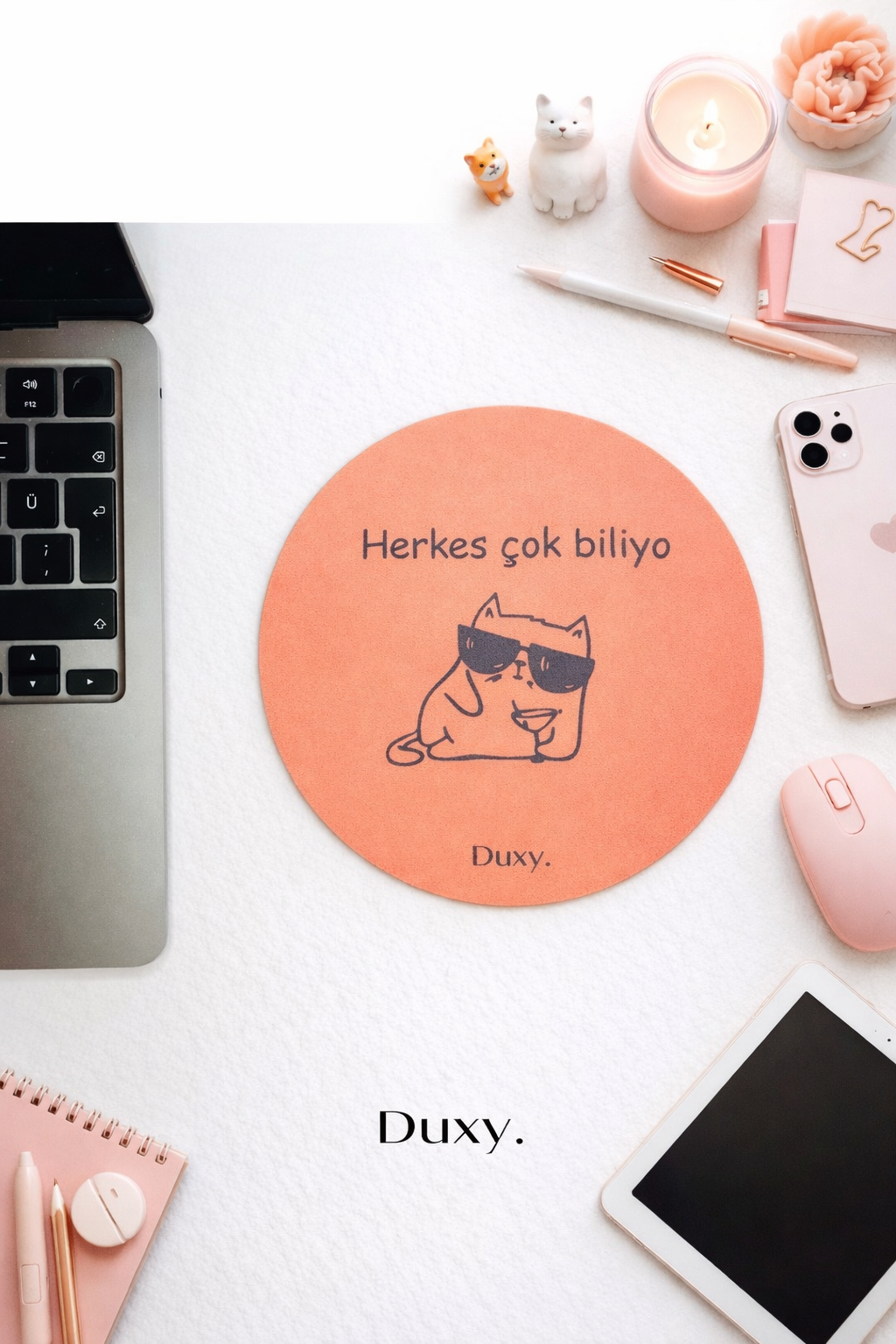 Espirili Kedi Desenli Kauçuk Kaymaz Tabanlı Mouse Pad – 19 cm - Yumuşak Kumaş Yüzey