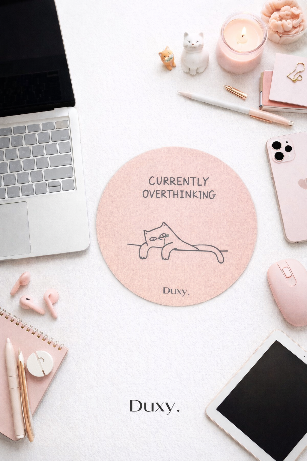 Espirili Kedi Desenli Kauçuk Kaymaz Tabanlı Mouse Pad – 19 cm - Yumuşak Kumaş Yüzey