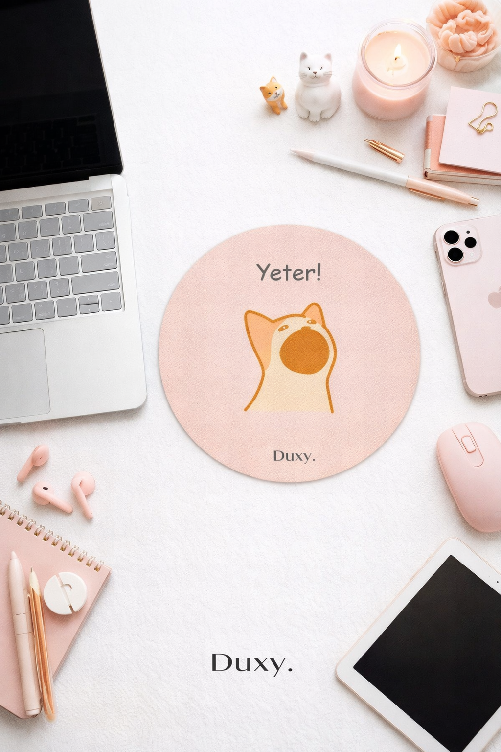 Espirili Kedi Desenli Kauçuk Kaymaz Tabanlı Mouse Pad – 19 cm - Yumuşak Kumaş Yüzey