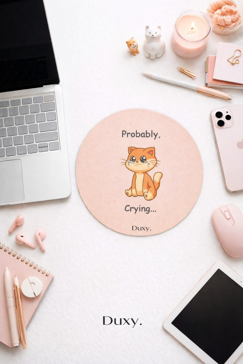 Espirili Kedi Desenli Kauçuk Kaymaz Tabanlı Mouse Pad – 19 cm - Yumuşak Kumaş Yüzey