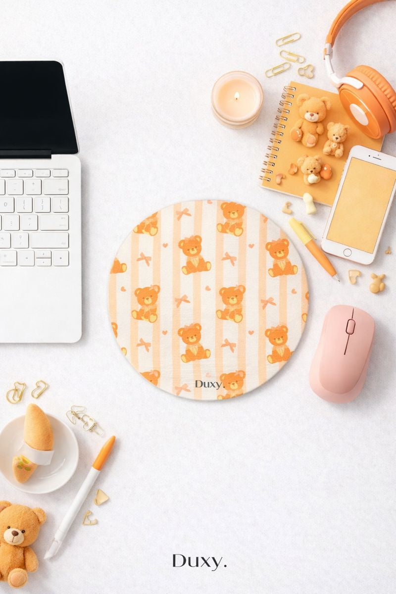 Ayıcık Desenli Kauçuk Kaymaz Tabanlı Mouse Pad – 19 cm - Yumuşak Kumaş Yüzey