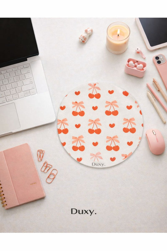 Kiraz Desenli Kaymaz Kauçuk Taban Mouse Pad – 19 cm Yumuşak Kumaş Yüzey