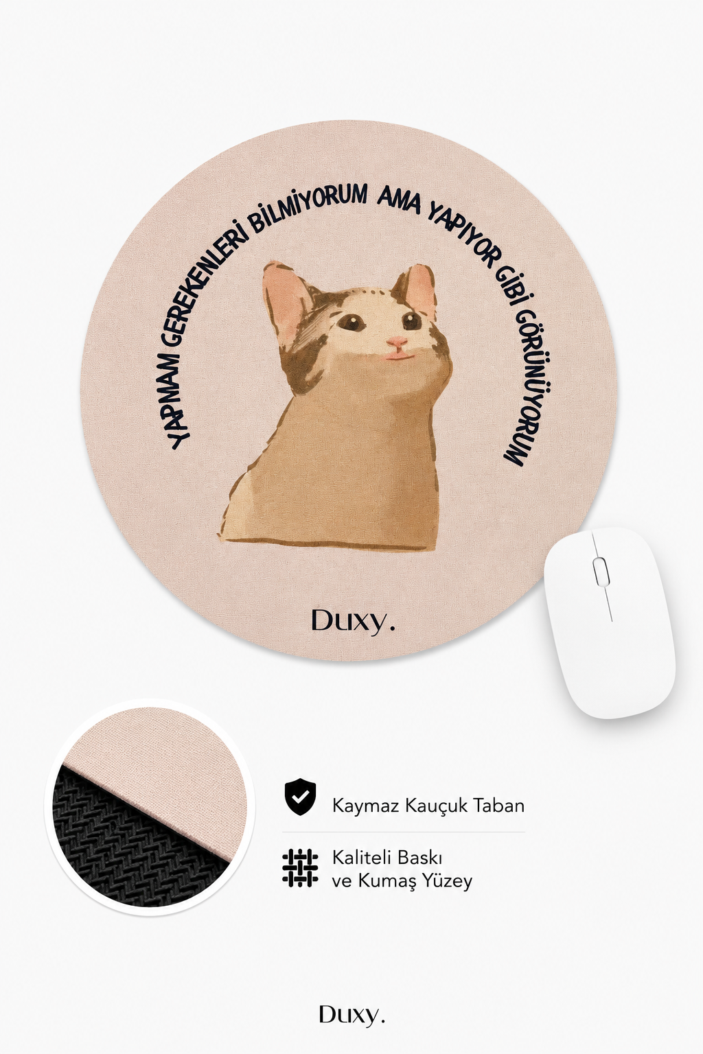 Eğlenceli Desenli Kauçuk Kaymaz Tabanlı Mouse Pad – 19 cm - Yumuşak Kumaş Yüzey